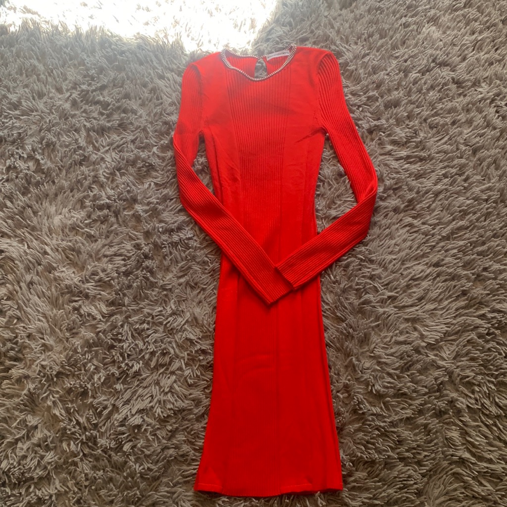 Alexander Wang Red Ribbed Bodycon Long-Sleeved Beaded Neckline Mini Dress Xs